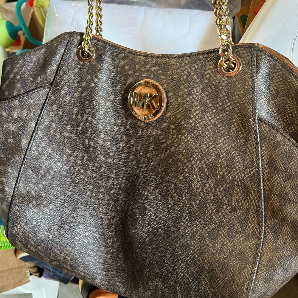 Michael Kors Dark Brown Shoulder Bag with Gold Accents